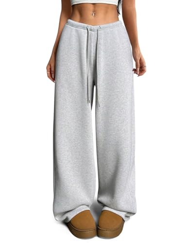 Women's Fleece Lined Sweatpants - V-Waist Wide Leg Baggy Pants Grey Medium