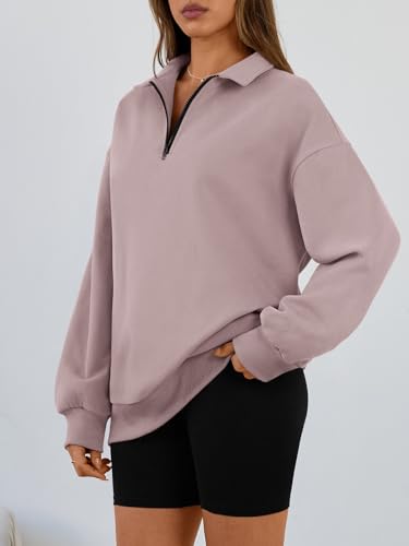 Medium Dark Pink Oversized Quarter Zip Fleece Sweatshirt for Women