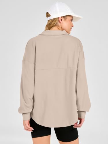 ANRABESS Women's Loose Quarter Zip Fleece Sweatshirt Large Beige Fall Pullover