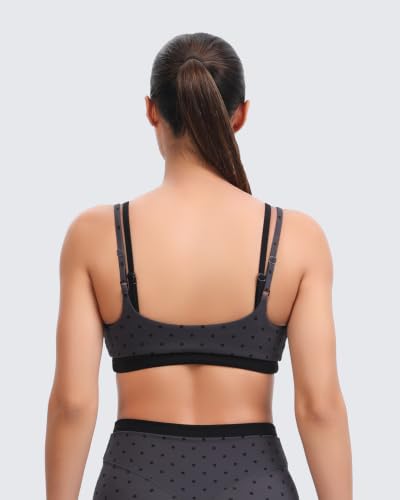 Aoxjox Dual Core High Impact Layered Sports Bra Large Charcoal Black Dot