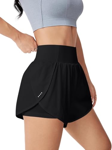 Women's High Waisted Athletic Running Shorts with Pockets - Black, Medium - Gym Yoga Beach Shorts