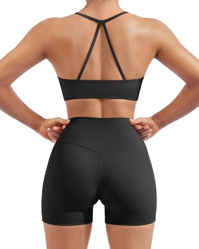 Women’s 2-Piece Workout Set with Padded Halter Sports Bra and High-Waisted Biker Shorts - Black, Small