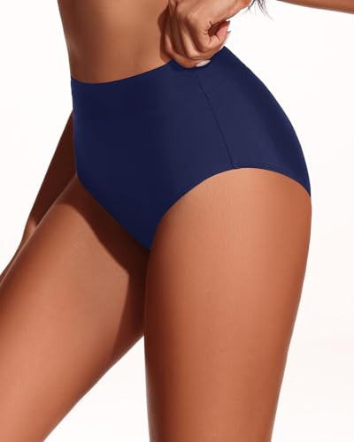 Women's High Waist Bikini Bottoms Full Coverage Tummy Control Navy Blue Medium