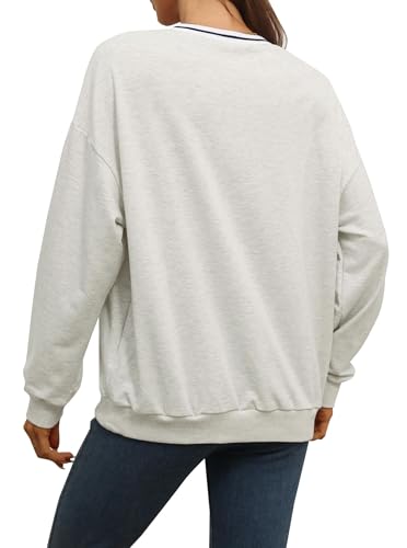 Remidoo Women's Oversized V-Neck Sweatshirt - Long Sleeve Yankee Top, Grey, Large