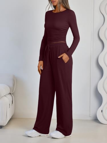 LILLUSORY 2 Piece Lounge Sets for Women - Fall 2026 Sweat Outfit Medium Wine Red