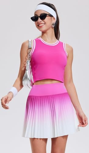 Women Pleated Tennis Skirt Set - Golf & Pickleball Athletic Outfit with Built-in Shorts, Hot Pink, Medium