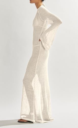Saodimallsu Women's Crochet Cover Up - Long Sleeve Mesh Backless Maxi Dress, Beige, Small