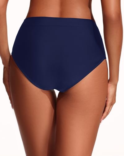 Women's High Waist Bikini Bottoms Full Coverage Tummy Control Navy Blue Medium