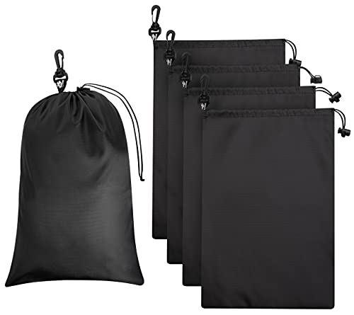 Travel Pouch Set of 5 Black 10 x 15 Inch Drawstring Bags with Clip