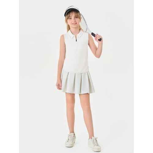 Haloumoning Girls Athletic Sleeveless Golf Polo Shirts Kids Quarter Zip Quick Dry Workout Tank Tops 5-14 Years