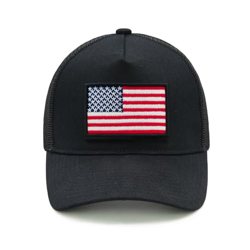 Black American Flag Trucker Hat for Men and Women, Adjustable USA Baseball Cap