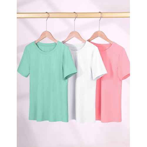 KEREDA Girls Athletic Shirts Quick Dry Short Sleeve Crew Neck T Shirts, Summer UPF 50+ Tee Tops for Teen Girls 3 Pack