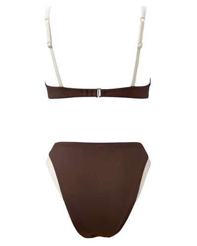 Women Color Block High Waisted Bikini Set Medium Beige Brown