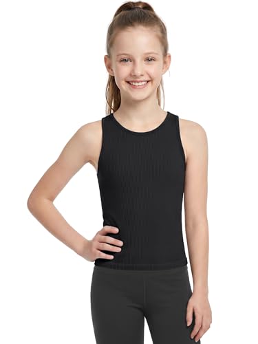 Girls Tank Top with Built-in Bra Athletic Racerback Medium Black - ATTRACO Ribflex