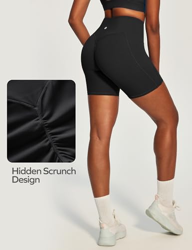 Medium Black Butt Lifting Biker Shorts Women Tummy Control Pockets High Waist Yoga Workout