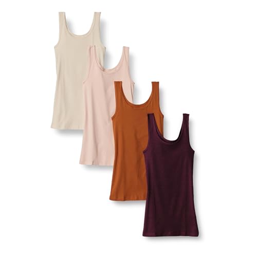 Women's Slim-Fit Cotton Modal Rib Tank Top Pack of 4 - Small Beige Blush Burgundy Terracotta