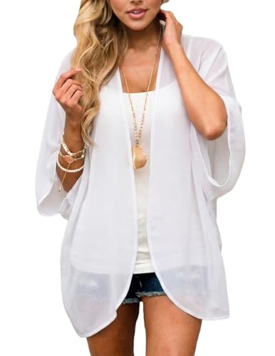Medium White Women's Chiffon Kimono Cover Up - Open Front, Casual, Loose Fit