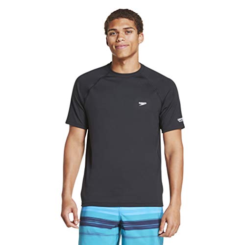 Speedo Men's UV Swim Shirt Short Sleeve Solid Large Black - Quick Dry Sun Protection