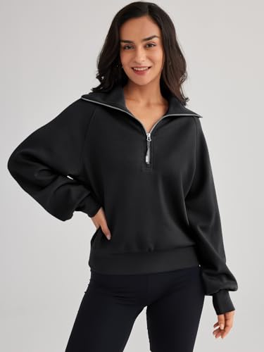 Trendy Queen Womens Oversized Quarter Zip Sweatshirt Cropped Pullover – Black (Medium)