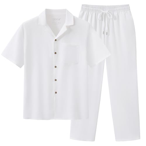 Men's 2-Piece Summer Beach Outfit - White XL Casual Linen Shirt & Pants Set