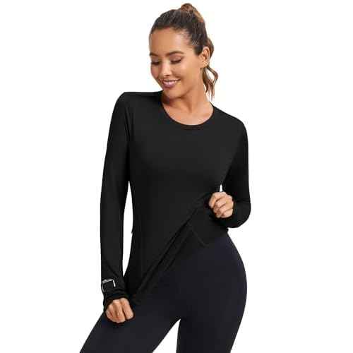 Loovoo Thermal Shirts for Women Long Sleeve Workout Tops Crewneck Fleece Base Layer Running Athletic Tee with Zipper Pocket