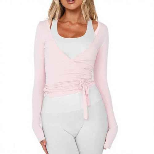 Women Wrap Top Long Sleeve Deep V Neck Cross Tie Workout Ballet Pilates Yoga Shirt
