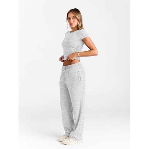 Trendy Queen 2 Piece Matching Summer Sweatsuit Lounge Set Womens Wide Leg Pants Side Ruching Crop Top Sets