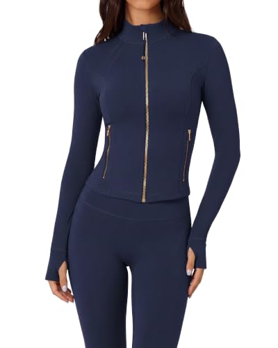 Women 2 Piece Workout Sets with Gold Full Zip Up Jackets & High-Waisted Leggings - Small/Navy Blue