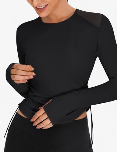 Women's Long Sleeve Crop Workout Shirts - Slim Fit Breathable Mesh Gym Athletic Tops