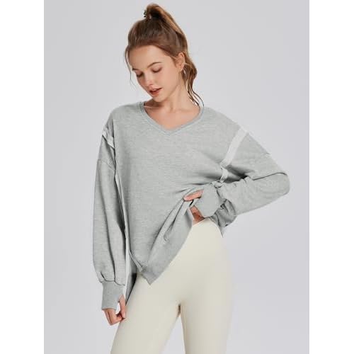 TAKEYAL Women's Oversized Sweatshirts Side Slit Long Sleeve V Neck Sweatshirt Casual Loose Pullover