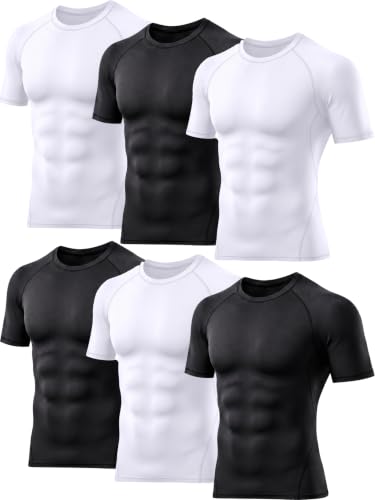 Men's Compression Short Sleeve Workout T-Shirts Baselayer 6 Pack - Black and White, Small