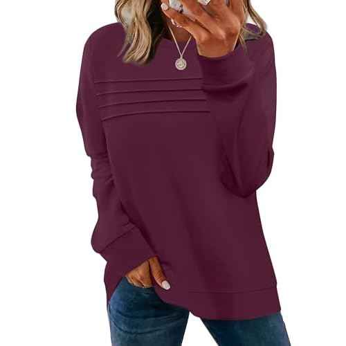 WIHOLL Womens Sweatshirt Crewneck Long Sleeve Shirts Loose Fit Pleated Front Tops Fall Fashion