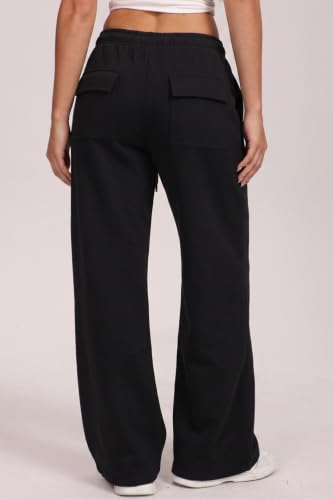 Women's Flare Wide Leg Sweatpants - Fleece Lined Lounge Pants Medium Black