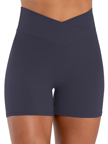 Sunzel Women's High Waisted Crossover Biker Shorts - 4 Inch Inseam, Large, Ash Blue