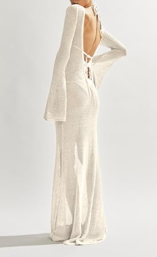 Saodimallsu Women's Crochet Cover Up - Long Sleeve Mesh Backless Maxi Dress, Beige, Small