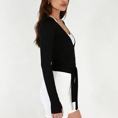 Women Crop Wrap Top Long Sleeve Activewear Shirt - Black, Small