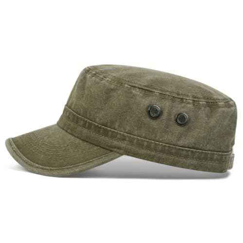 Malaxlx Military Cadet Army Cap for Men Women ? Washed Cotton Vintage Adjustable Flat Top Hat