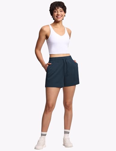 Women's Drawstring Sweat Shorts High Waisted Summer Workout Lounge Pants Navy Blue Medium