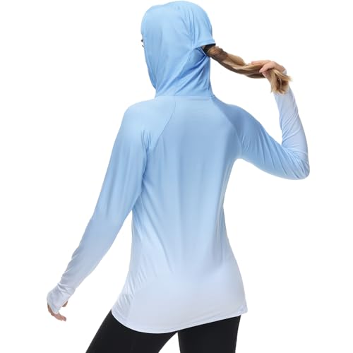 Women's Fishing Hoodie Shirt with Face Mask and Thumb Holes - UPF 50+ Sky Blue Spot Gradient - Medium