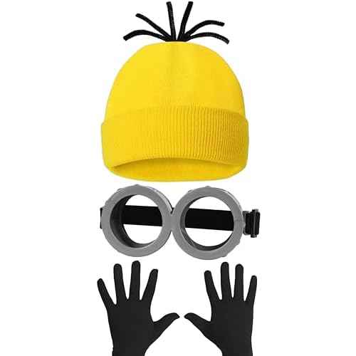 4 Pcs Halloween Yellow Costume Accessories for Adult, Yellow Beanie Hats, Goggles Glasses, Elastic Black Gloves for Halloween Dress Up Men Women Cosplay Party