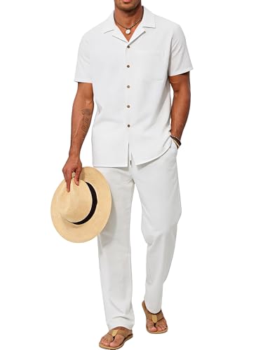 Men's 2-Piece Summer Beach Outfit - White XL Casual Linen Shirt & Pants Set