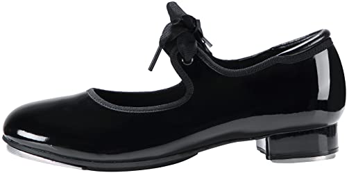 Kids Tap Dance Shoes Flat with PU Leather Ribbon Tie - Black Patent, 13 Little Kid