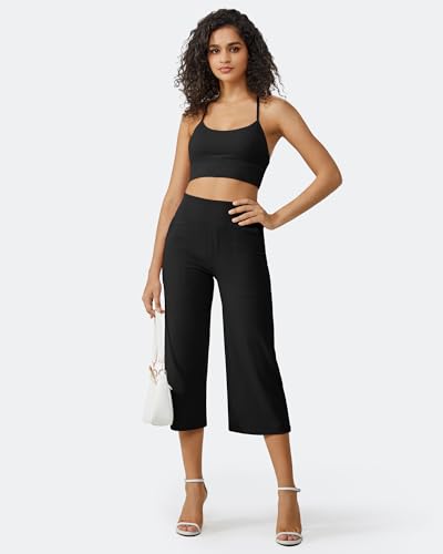 G4Free Wide Leg Yoga Capris for Women with Pockets - Casual Crop Pants Medium Black