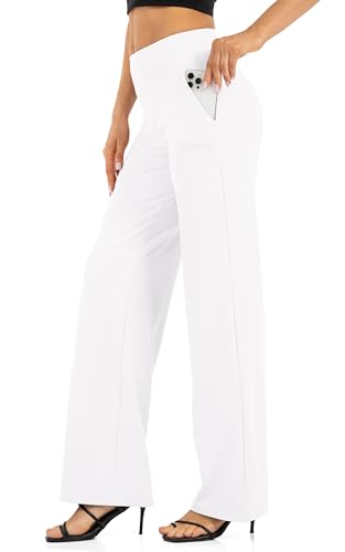 Wide Leg Pockets Lounge Pants for Women High Waisted Casual Palazzo - 29 Inch Inseam, White