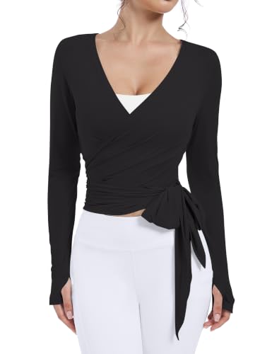 Women's Ballet Wrap Top Long Sleeve Pilates Dance Shirt - Medium Black