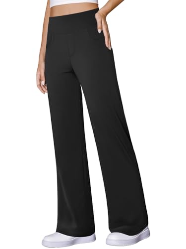 Women's Wide Leg Yoga Pants with Pockets - Large Black Workout Sweatpants
