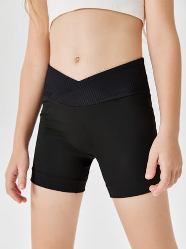 Girls Athletic Shorts Slim Tummy Control V Cross Waist Shorts - Black, 10-12 Years
