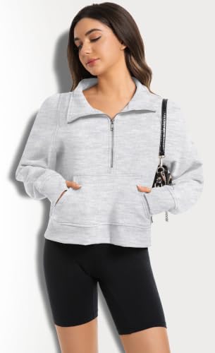 Women's Half Zip Cropped Fleece Hoodie - Small Grey Fall Fashion