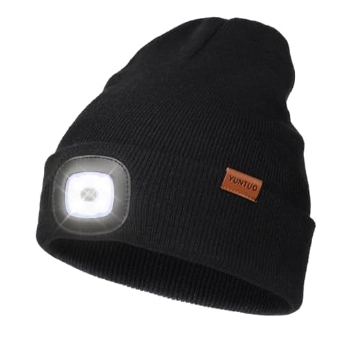 YunTuo LED Beanie with The Light, Unisex USB Rechargeable Headlamp Winter Knitted Cap Gifts for Men Dad Husband Him