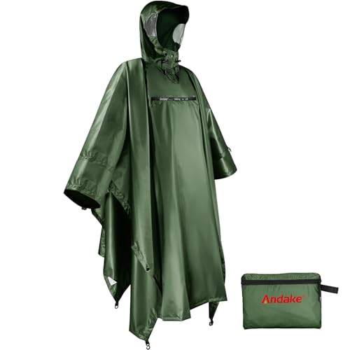 Andake Waterproof Rain Poncho for Adults Unisex with Transparent Viewing Window - One Size Dark Green